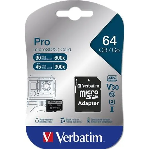Pamäťová karta, microSDXC, 64 GB, CL10/U3, 90/45 MB/s, s adaptérom, VERBATIM "PRO"