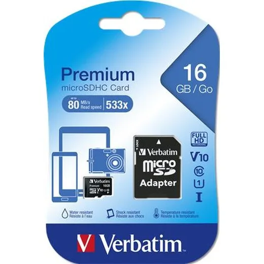 Pamäťová karta, microSDHC, 16GB, CL10/U1, 45/10 MB/s, s adaptérom, VERBATIM "Premium"