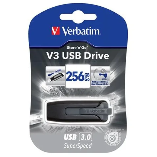 USB kľúč, 256GB, USB 3.2, 80/25 MB/sec, VERBATIM "V3", čierno-sivá