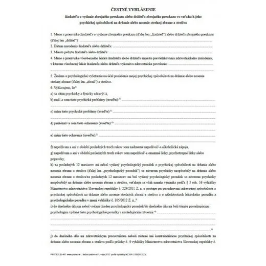 Čestné vyhlásenie pre psychológa A4
