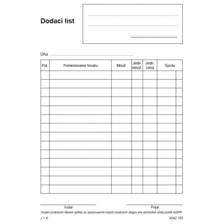 Dodací list  A5 bez DPH      100 listov