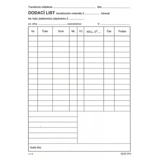 Dodací list transfúz.materiálu A5 100-l.