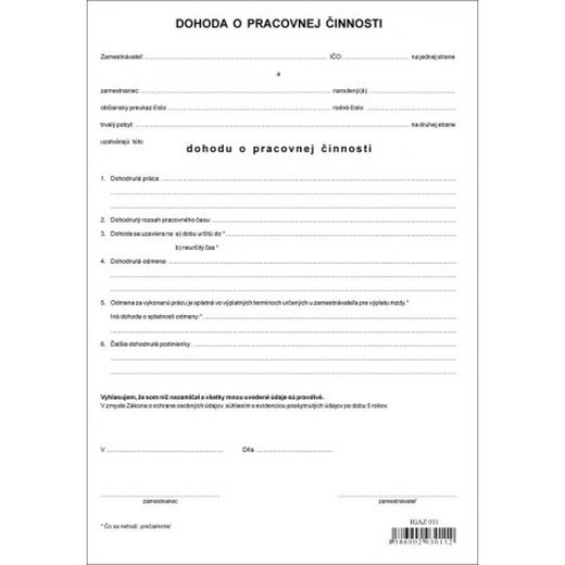 Dohoda o pracovnej činnosti A4