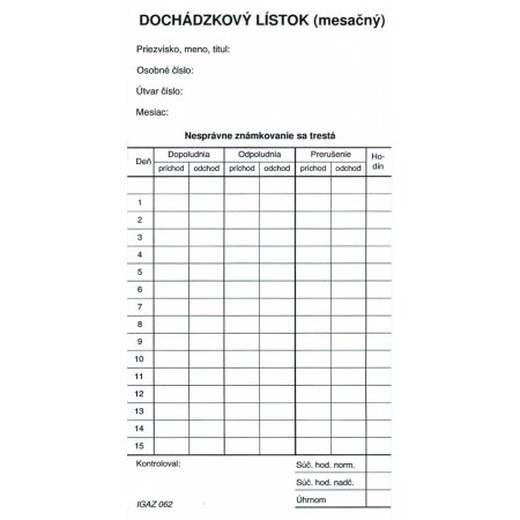 Dochádzkový lístok mesačný - kartón