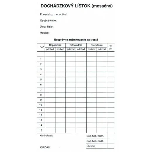 Dochádzkový lístok mesačný - kartón