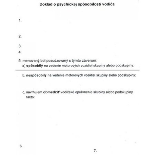 Doklad o psychickej spôsobilosti vodiča A7