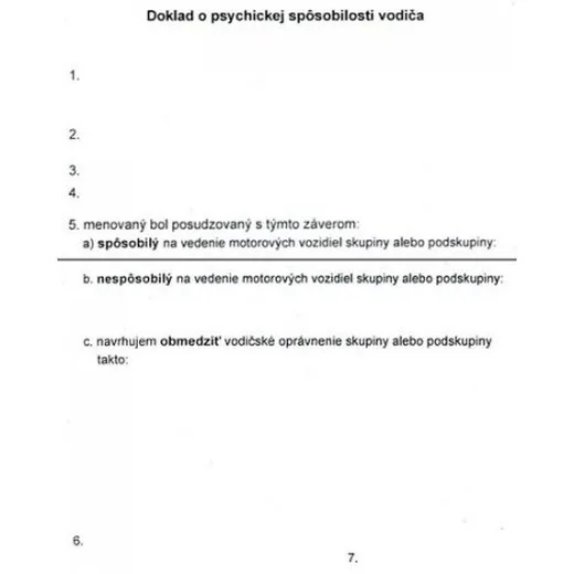 Doklad o psychickej spôsobilosti vodiča A7