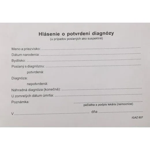 Hlásenie o potvrdenie diagnózy A6 karta