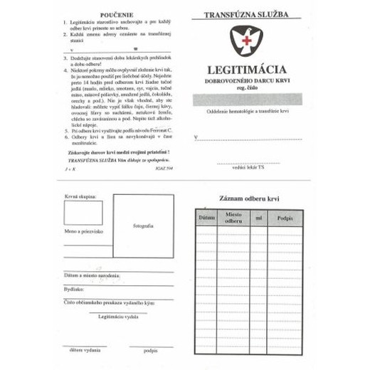 Legitimácia dobrovoľných darcov krvi A6