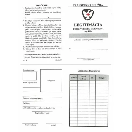 Legitimácia dobrovoľných darcov krvi A6