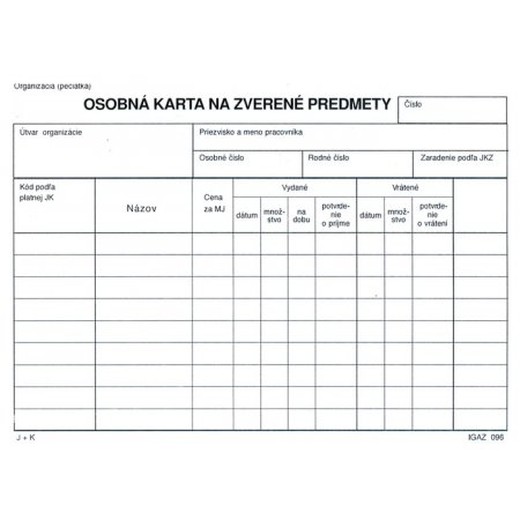 Osobná karta na zverené predmety A5