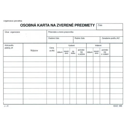 Osobná karta na zverené predmety     A5