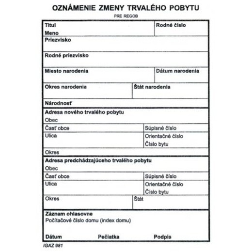 Oznámenie zmeny trvalého pobytu A6