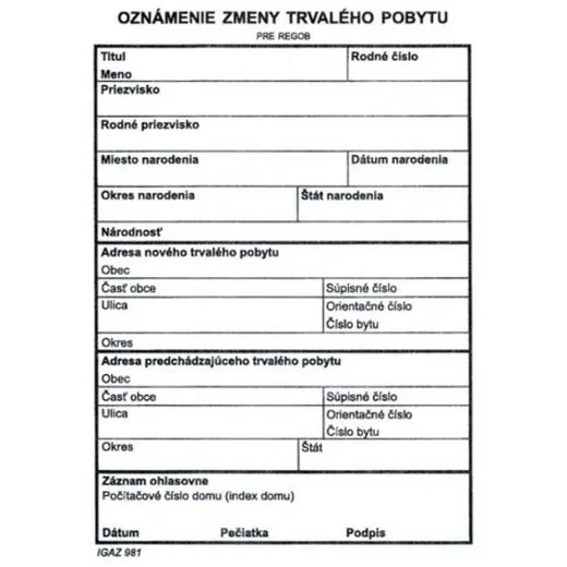 Oznámenie zmeny trvalého pobytu A6