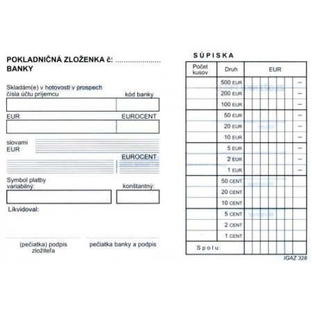 Pokladničná zloženka banky A6 - samopr.