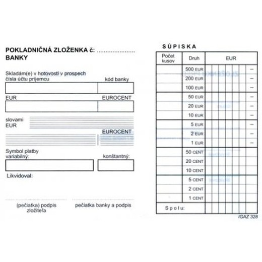 Pokladničná zloženka banky A6 - samopr.