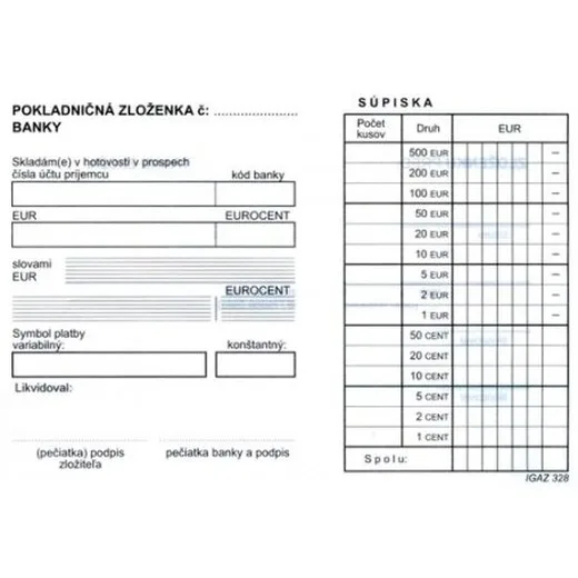 Pokladničná zloženka banky A6 - samopr.