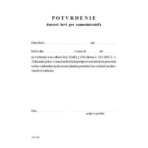 Potvrdenie darcovi krvi A5