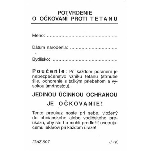 Potvrdenie o očkovaní proti TETANU A7