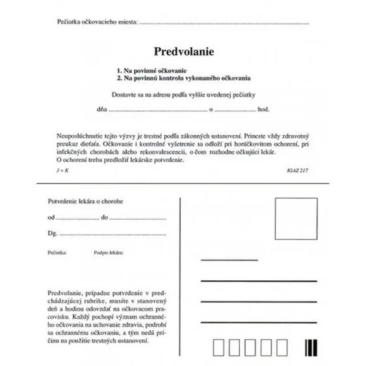 Predvolanie na povinné očkovanie A6 K