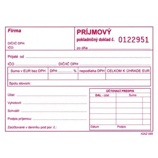 Príjmový pokladničný doklad A6 samop. s DPH číslovaný