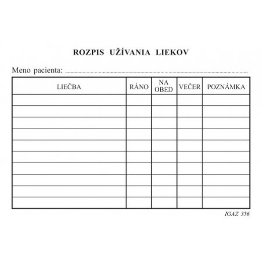 Rozpis užívania liekov A6 karta