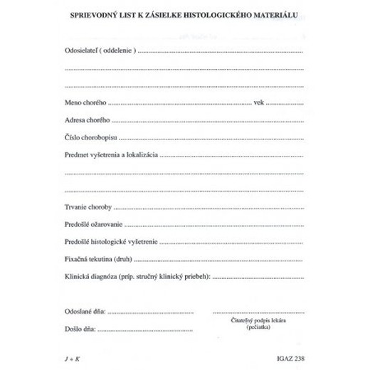 Sprievodný list k zásielke histologického materiálu A5