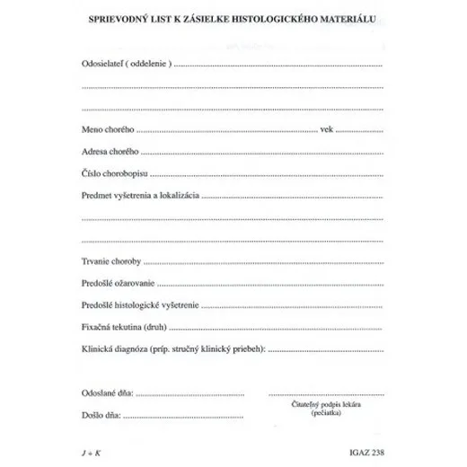 Sprievodný list k zásielke histologického materiálu A5