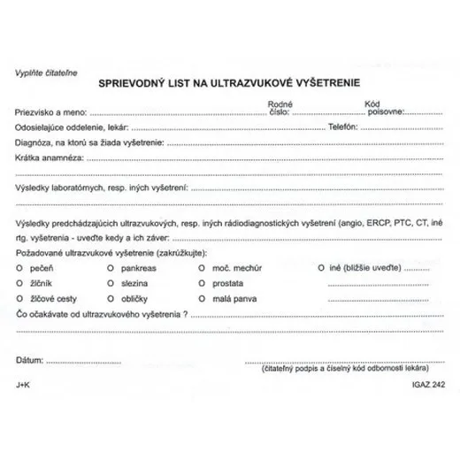 Sprievodný list na ultrazvukové vyšetrenie A5