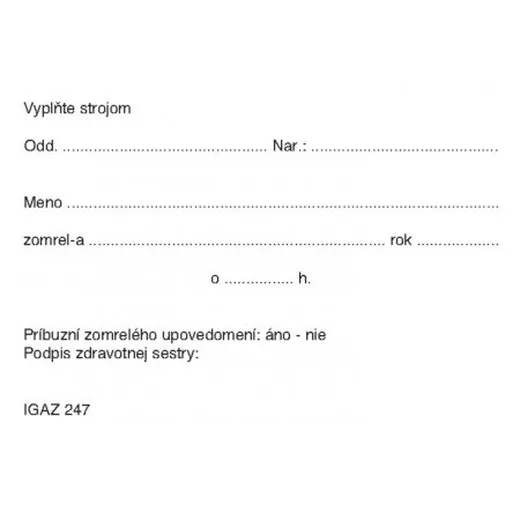 Úmrtný lístok A7 karta