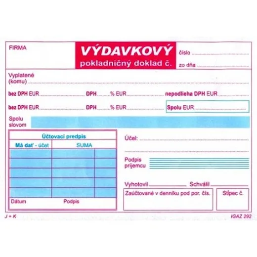 Výdavkový pokladničný doklad samoprepis 2 x DPH dvojfarebný