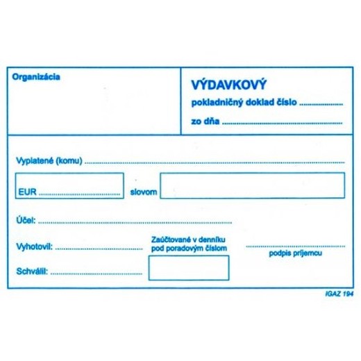 Výdavkový pokladničný doklad obyčajný bez DPH 100 l.
