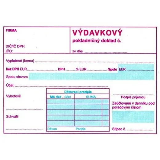 Výdavkový pokladničný doklad samoprepis s DPH dvojfarebný