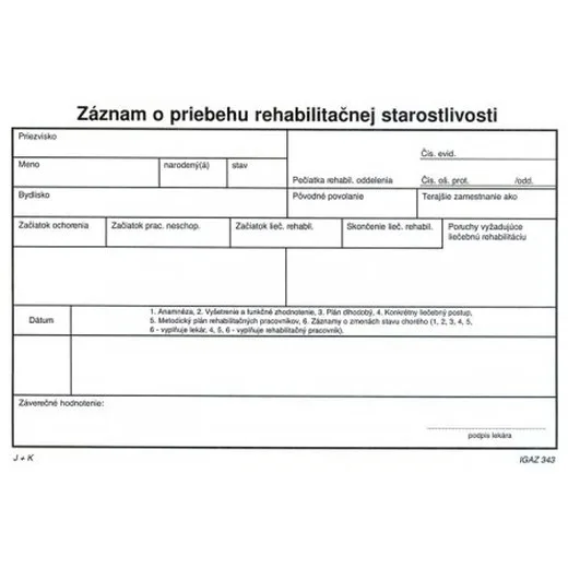 Záznam o priebehu rehabil.star. A5 karta