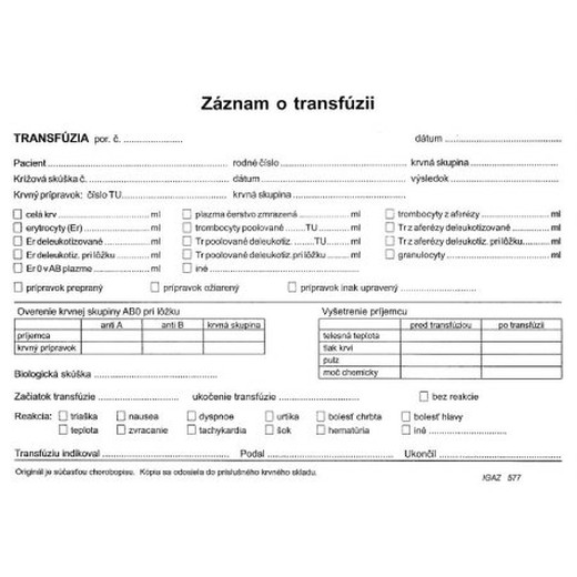 Záznam o transfúzii  A4