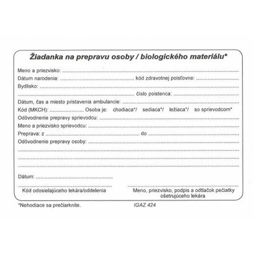 Žiadanka na prepravu osoby/biol.mat., A6 blok,100 list., SYPANÝ