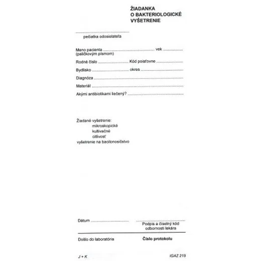 Žiadanka o bakteriologické vyšetrenie 210x100