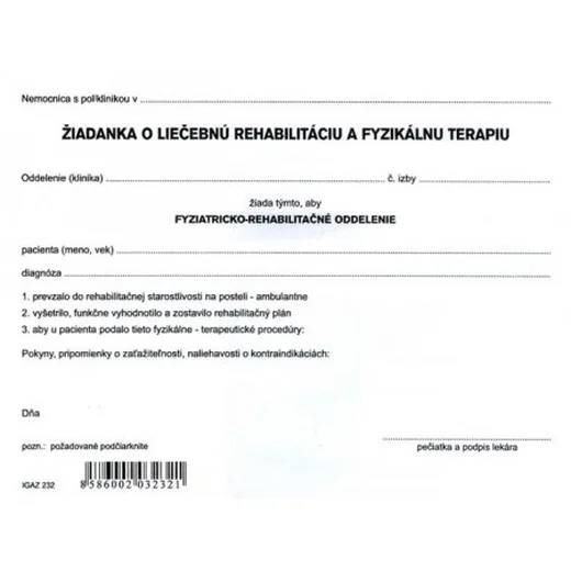 Žiadanka o liečebnú rehabilitáciu a fyzikálnu terapiu A5
