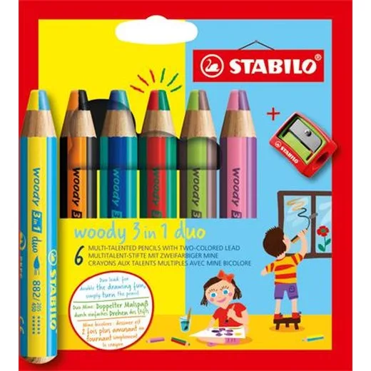 Farebné ceruzky, sada, STABILO "Woody 3 in 1 duo", 6 obojstranných rôznych farieb