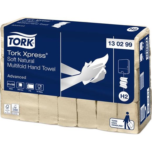 Utierky, Interfold ohyb, 2-vrstvové, 180 útržkov, H2 systém, Advanced, TORK "Xpress® Soft Multifold", prirodzená