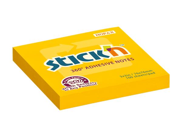 Samolepiaci poznámkový blok, 76x76 mm, 100 listov, STICK N „360°, oranžová
