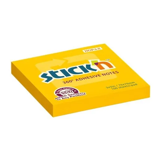 Samolepiaci poznámkový blok, 76x76 mm, 100 listov, STICK N „360°, oranžová