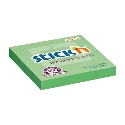 Samolepiaci poznámkový blok, 76x76 mm, 100 listov, STICK N „360°, zelená
