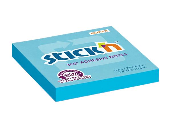 Samolepiaci poznámkový blok, 76x76 mm, 100 listov, STICK N „360°, modrá