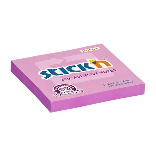 Samolepiaci poznámkový blok, 76x76 mm, 100 listov, STICK N „360°, ružová