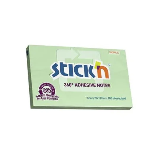Samolepiaci poznámkový blok, 76x127 mm, 100 listov, STICK N „360°, zelená