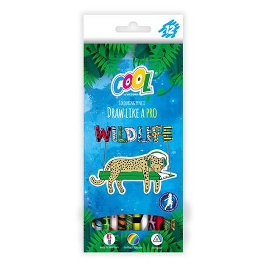 Farebné ceruzky, sada, trojhranné, COOL BY VICTORIA "Wildlife", 12 rôznych farieb