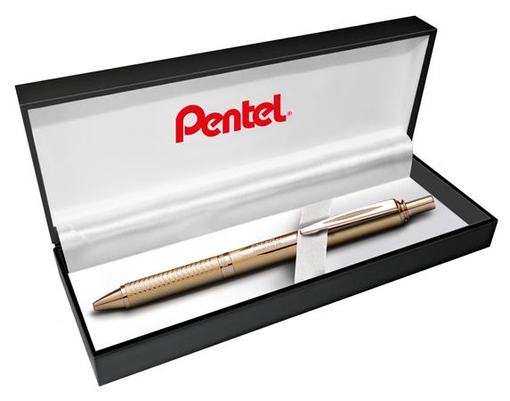 Gélové pero, 0,35 mm, stláčací mechanizmus, telo pera: zlatá, PENTEL "EnerGel BL-407" modrá