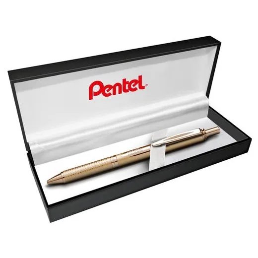Gélové pero, 0,35 mm, stláčací mechanizmus, telo pera: zlatá, PENTEL "EnerGel BL-407" modrá