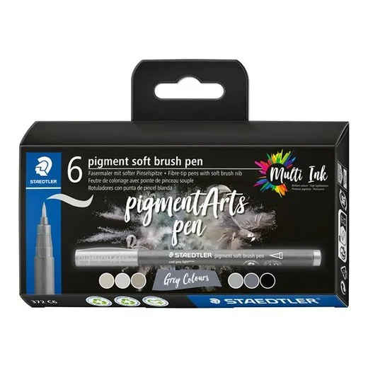 Fixka v tvare štetca, sada, STAEDTLER "Pigment 372", 6 rôznych odtieňov čiernej a sivej